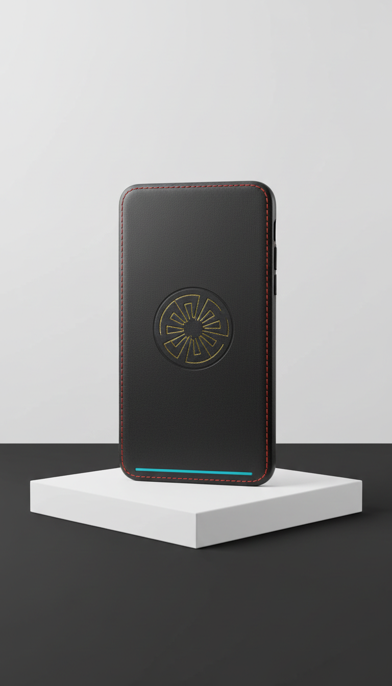 Jet Black Leather Phone Case With Embossed Logo